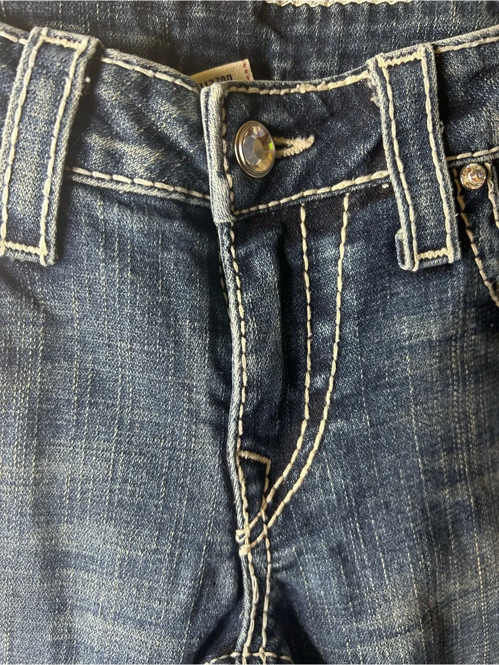 Joey Low Rise crystal Super T Flap Flare Jean twist Size 30 stitching Y2K USA